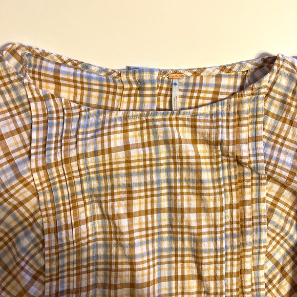 Free People Tan/Blue Plaid Back Button Up Puff Sleeve Blouse Sz S - Picture 6 of 15